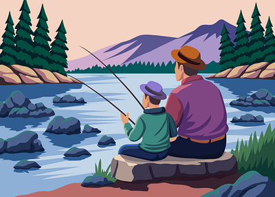 Nature Explore: Fishing Illustration colorful illustration father and son father and son illuatration fishing flat illustration graphic design illustration lake fishing lake illustration modern illustration nature exploration nature explore nature illustration sport sport illustration
