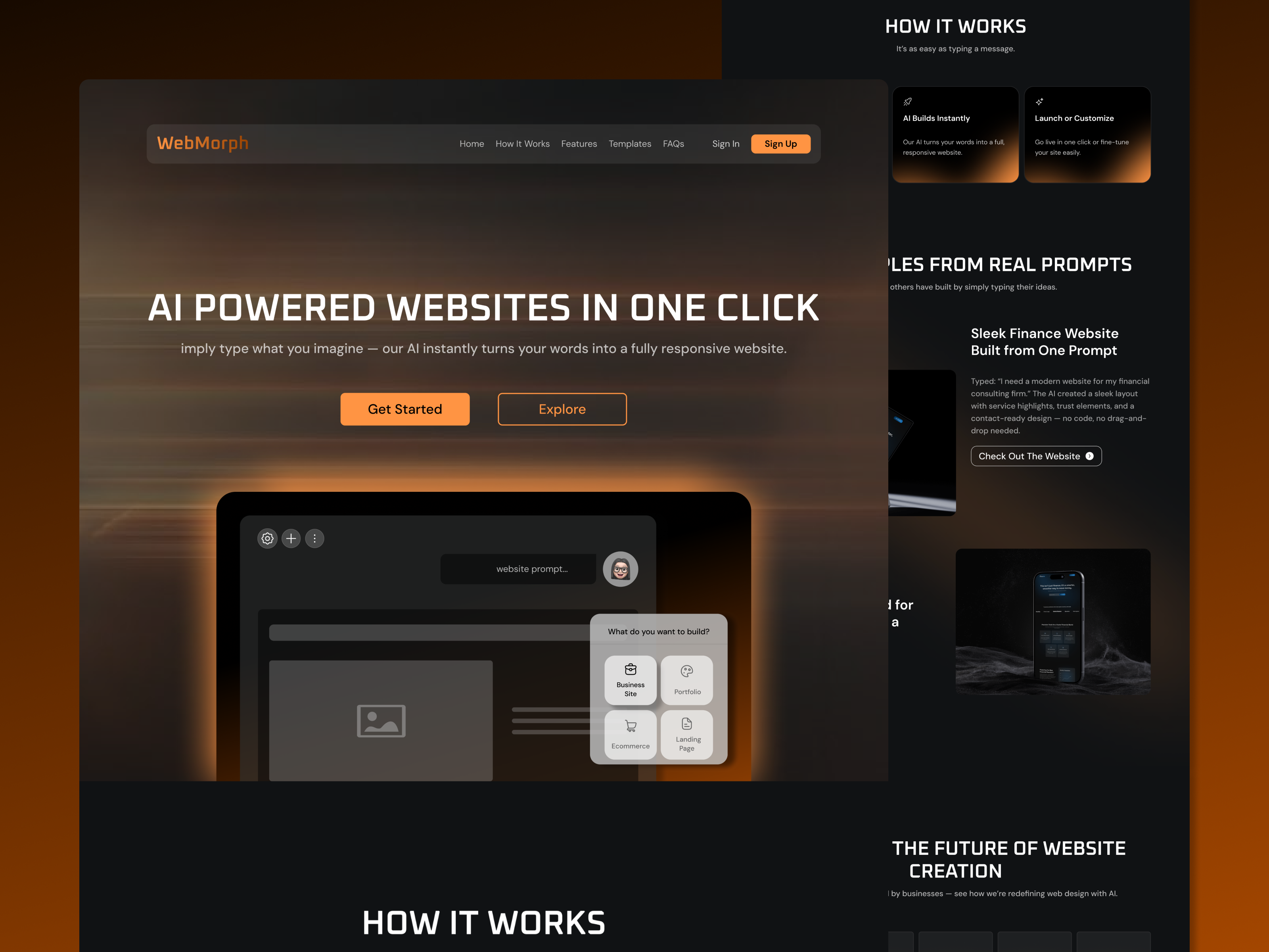 AI SaaS Web Design Tool – Futuristic UI Concept for Instant Web ai ai web design dark glowing web landing page minimal minimsl saas web ui uiux ux webdesign website