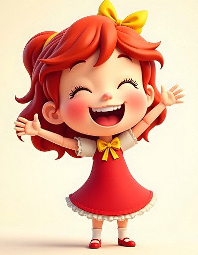 AI - Cheerful girl with yellow bow and red outfit yellow bow