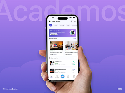 AI Powered E-learning Mobile App UX/UI Design academos mobile app ai powered e learning app design e learning app e learning mobile app design edutech figma ui design user centric user experience