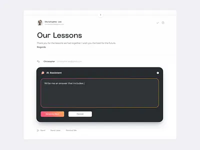 Email AI Assistant ai ai integration ai model app artificial intelligence chatgpt design desktop email email plugin generation generative design gmail language models minimal notion product ui ux webapp