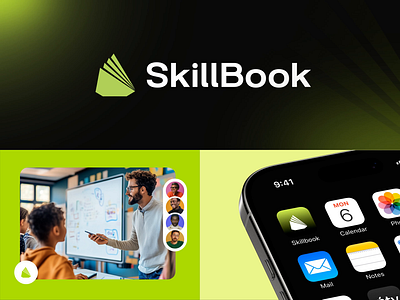 SkillBook Logo Design — Bold Identity Across All Touchpoints app icon design bold logo brand assets brand presentation branding system clean identity education education branding green gradient learning learning platform logo application logo design logo showcase modern logo startup logo symbol logo tech logo tutorial udemy alternative