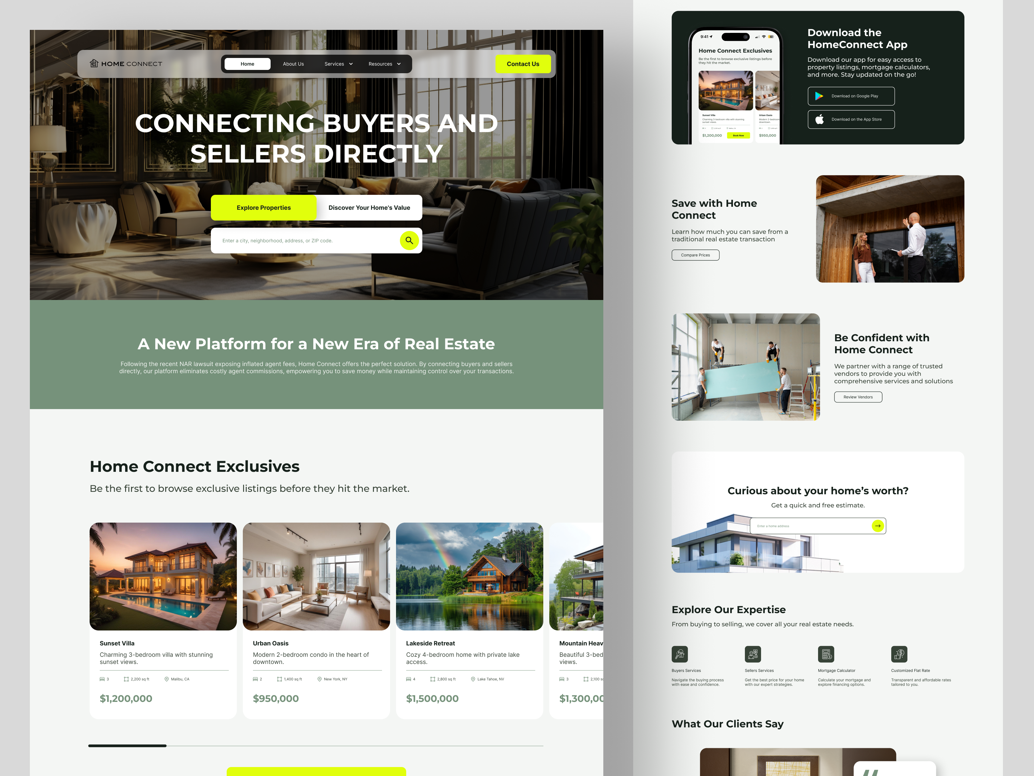 Modern Real Estate Landing Page – HomeConnect app design land landing page minimal ui webdesign