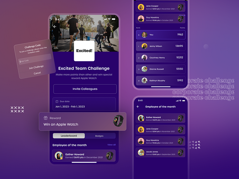Fitness challenges for corporates calories challenge delivery design figma fitness food ios app leaderboard mobile list product design ui