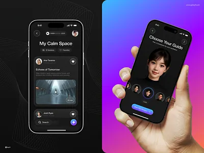 Aera™ AI Mindfulness App Design Concept aera appdesign aera uiux ai app design app ui kit clean ui dark mode ui digital product interaction design meditation app mindfulness app minimalist design mobile app design mobile uiux product design sleek design uiux design user experience user interface wellness app