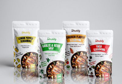 Dashly Seasoning Packaging Design box design branding graphic design label label design mailer box design mylar bag design packaging design pouch design