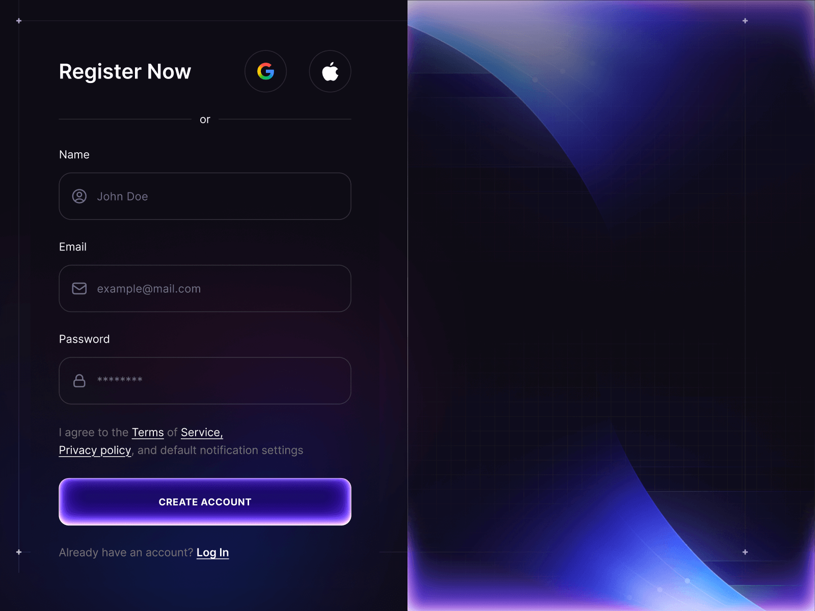 New Account Registration UI – Dark Mode bd button dark dark mode figma form form design glass morphism glow gradient log in modern registration sign up trending ui ui design