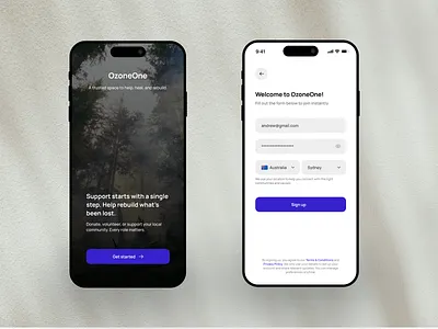 OzoneOne · Sign up flow · Civic tech mobile UI civic tech dailyui figma interface design login microcopy mobile mobile app mobile ui ngo non profit onboarding product design sign up social splash screen ui ux volunteer