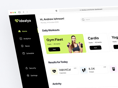 Idealya - Fitness Dashboard activity analitycs calori cardio clean design fitness gym gymnastic health ideal interface life minimal play ui ui design ui ux workout yoga