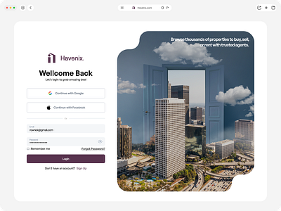 Havenix- Real Estate Login page clean ui design havenix website hero section landing page login login page login ui minimal modern real estate real estate login page sign up sign up page ui uiux website website design website login page