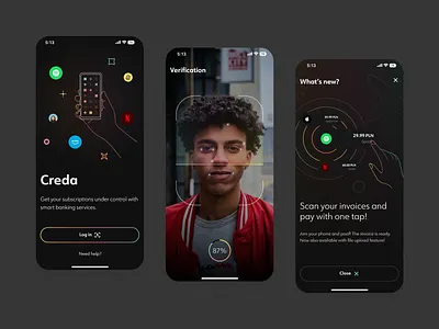 Creda - Banking App concept pt. 3 app bank app banking darkmode faceid fintech gradient hand illustration ios login screen mobile onboarding payments rainbow scanner security ui ux
