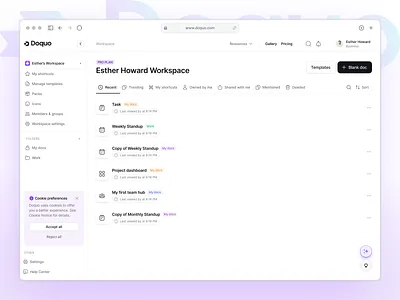 Doquo SaaS - Workspace Page Design create note dashboard doc document filllodesign management saas spread sheet task task note team work template ui design workspace