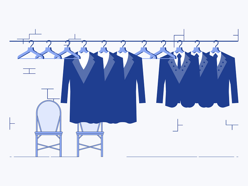 Formal Clothing Rack blue brick building business calm chairs clothing dresses formal hangers illustration job minimal office rack room space suits training wear