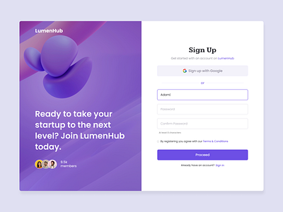 LumenHub – Sign-Up Page UI account design designer details fill up form founders information investor log in process registration saas sign in sign up startup step uxui web design website
