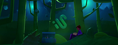 Forest at night. 2d ae after effect animation character flying forest green growing leaf leaves logo loop motion graphics night read a book at night