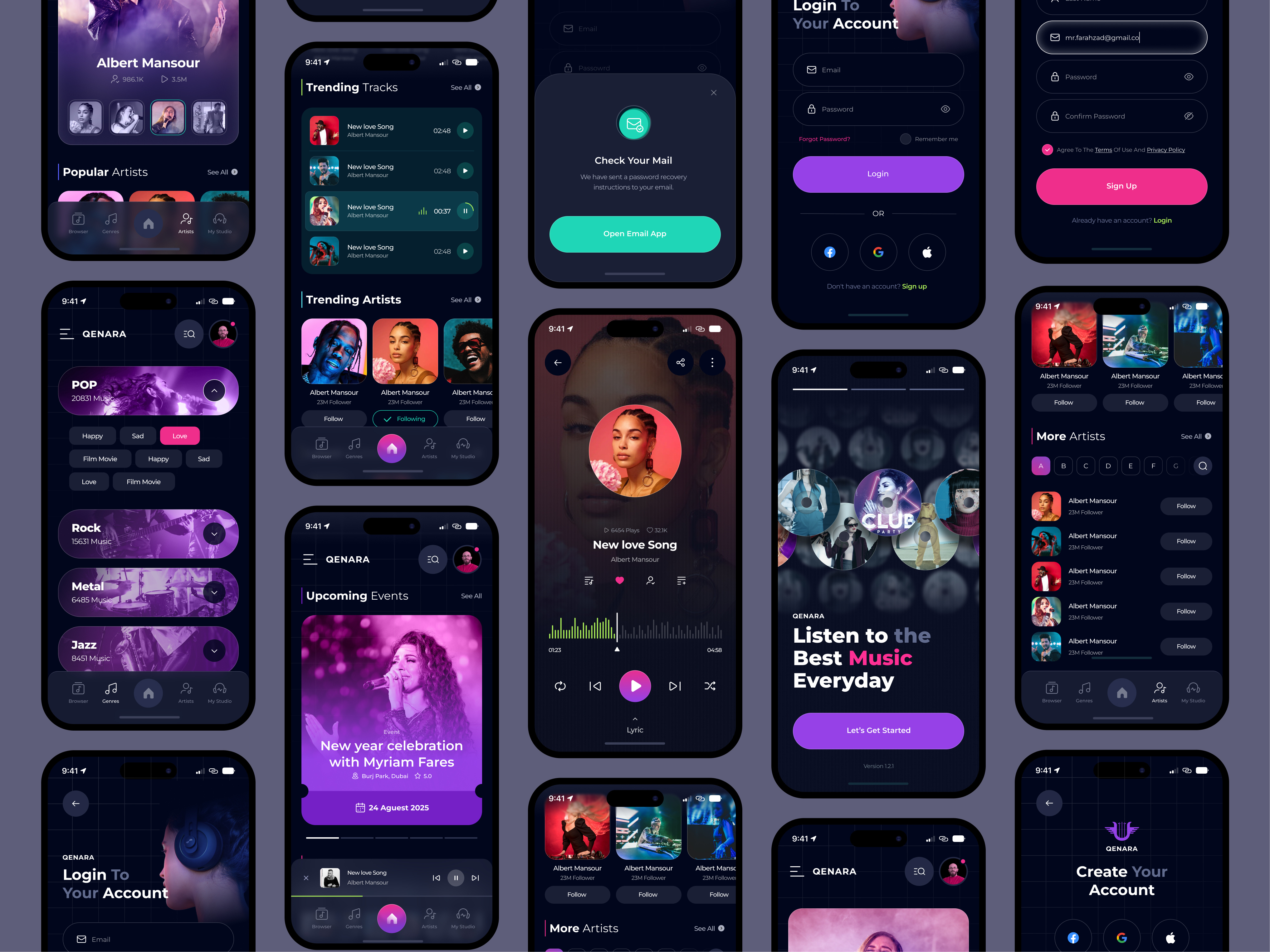 🎧 QENARA Music App 🔥 app artist dark design live login mobile music player playlist radio song sound spotify streaming track trend ui uidesign uiux