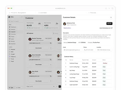 Customer CRM View SaaS Sashboard clean crm layout client detail drawer contact insight view crm dashboard customer data table customer management design trend 2025 enterprise crm system figma saas design interactive layout modern dashboard payment history table profile card ux saas interface saasfactor transaction badge user profile panel user status ui ux ui design workflow tracker