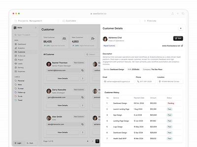 Customer CRM View SaaS Sashboard clean crm layout client detail drawer contact insight view crm dashboard customer data table customer management design trend 2025 enterprise crm system figma saas design interactive layout modern dashboard payment history table profile card ux saas interface saasfactor transaction badge user profile panel user status ui ux ui design workflow tracker