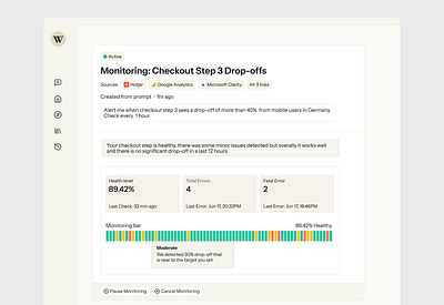Analytics Tool - Monitor your analytics 24/7 using AI Agents aesthetic ai ai dashboard ai dashboard monitoring artificial intelligence dashboard design health status heatmaps landing minimalistic monitoring monitoring dashboard responsive ui ux web design website status