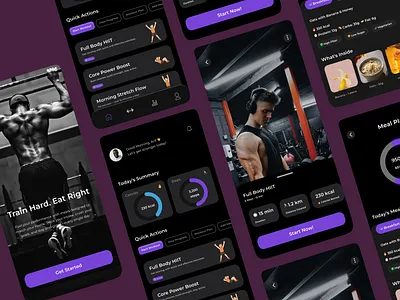 Fitness App UI – Train Hard, Eat Smart app design clean ui dark mode ui design figma fitness app fitness dashboard fitness tracker fitness ui gym app health app meal planner mobile app design nutrition app personal finance ui design ui ux design workout app workout tracker