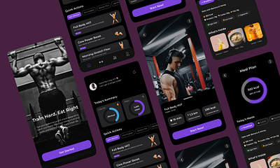 Fitness App UI – Train Hard, Eat Smart app design clean ui dark mode ui design figma fitness app fitness dashboard fitness tracker fitness ui gym app health app meal planner mobile app design nutrition app personal finance ui design ui ux design workout app workout tracker