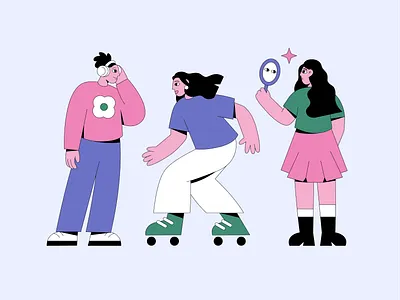 Girlfriends 2d blue bold colors character digital illustration fashion girl illustration music pink rollers rollerskating simple style sport teens vector illustration youth