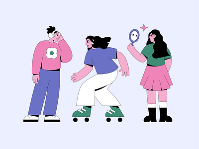 Girlfriends 2d blue bold colors character digital illustration fashion girl illustration music pink rollers rollerskating simple style sport teens vector illustration youth