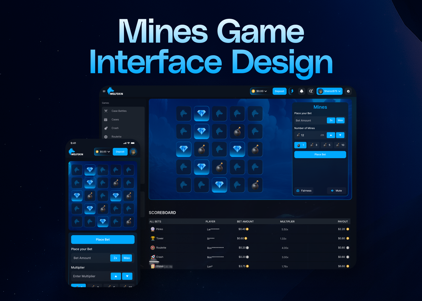 💣 Mines Game UI Kit – Dark & Minimal Design betting casino dark figma game game design graphic design mines mines game skin game ui ui design