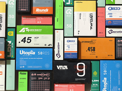 Colorful Ammunition Packaging Design ammunition ammunition boxes brand identity collection display colorful boxes creative arrangement design layout industrial design merchandise design organized chaos overhead shot packaging design pattern design print design product display product packaging retail packaging typography art unique texture