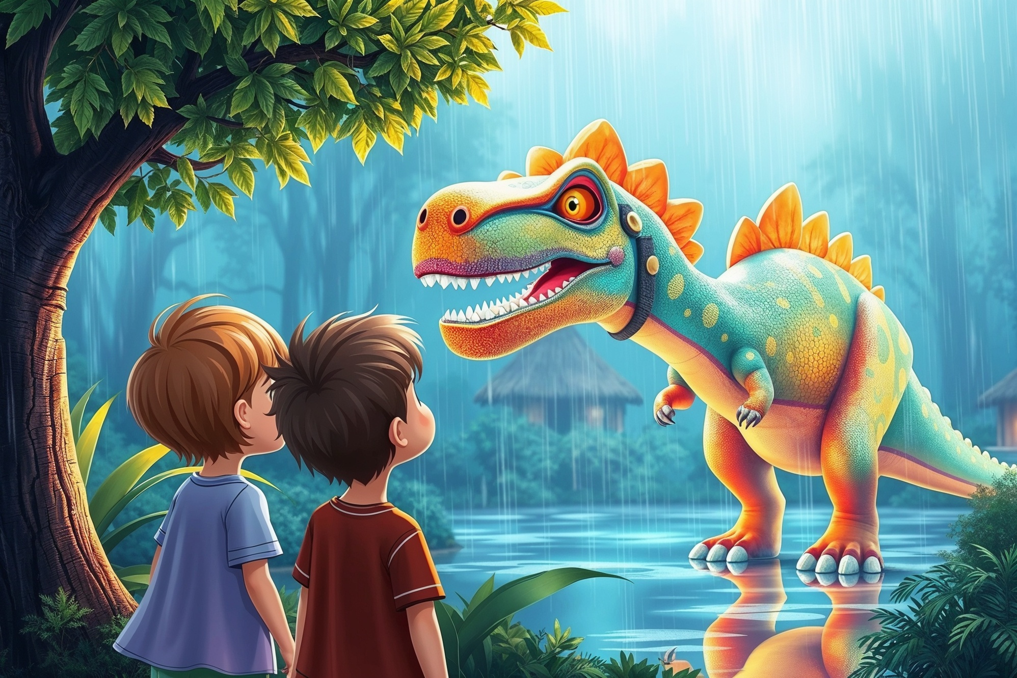 Rainy Day Dino Encounter – Children’s Storybook Art aiillustration characterdesign childrensbookart dinosaurart fantasyart illustrationforkids kidsillustration midjourneyart storybookscene whimsicalart