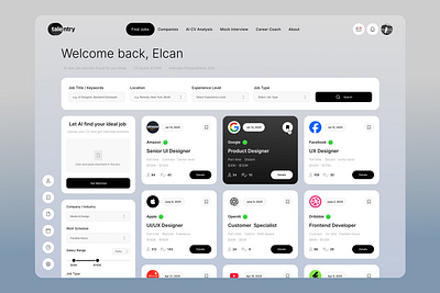 Talentry – AI Job Search Platform Dashboard UI ai job platform career dashboard cv upload interface figma job ui free hr tech ui job dashboard job listing cards job matching design job search ui kit minimal dashboard modern job app navigation remote job board salary filter design service ui ux design job board work filter ui