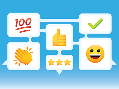 Compliments 100 check mark chris rooney clap communicate compliment emoji illustration nice positive smile speech balloons speech bubbles stars talk thumbs up
