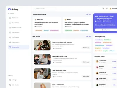 Online Course Community Page card cleanui communitydesign course cta dashboardui dribbblepopular edtech elearning experience figma learning learningplatform lesson minimalui onlinelearning project sidebar tag uiuxdesign