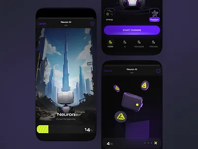 Neuron AI Telegram Mini App (TMA) 3d creative farm game home screen loading onboarding robotic telegram mini app tma ton ui ux
