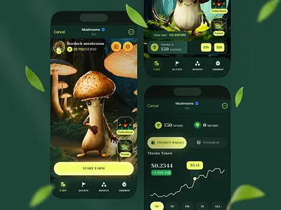 Mushrooms Telegram Mini App (TMA) 3d app creative farm forest game graphic design home screen mushrooms telegram telegram mini apps tma ui ux