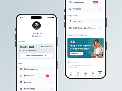 Menu Mobile App Design - Ize Clínica account app app design menu menu app my account navigation navigation menu share app ui design