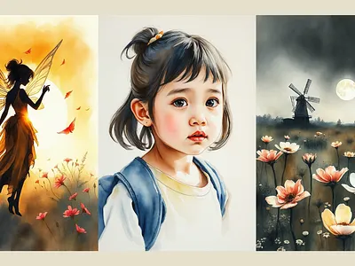Dreamscapes in Watercolor – A Fairy, a Child, a Field of Flowers aiart artprint childportrait digitalillustration fairyillustration flowerfield midjourneyart storybookart wallartdesign watercolor