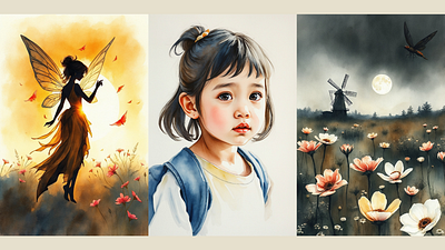 Dreamscapes in Watercolor – A Fairy, a Child, a Field of Flowers aiart artprint childportrait digitalillustration fairyillustration flowerfield midjourneyart storybookart wallartdesign watercolor