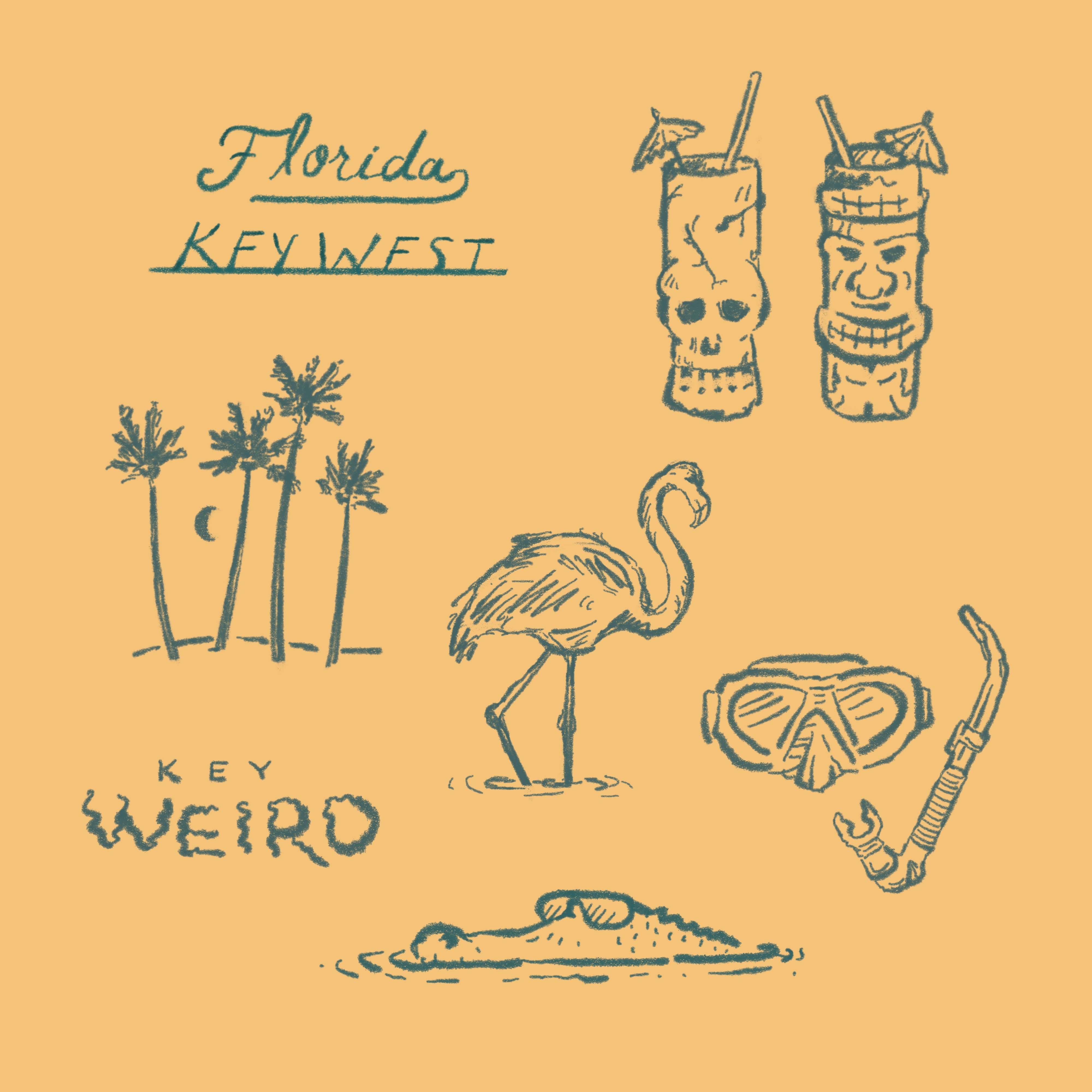 Key West Sketch Dump beach drawing flamingo florida hand drawn illustration island joe horacek key west little mountain print shoppe ocean palm tree sketch snorkeling tiki typography