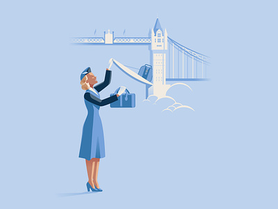 SoftIron – Up in the clouds – London 50s air travel gloves light blue london overhead compartment retro stewardess tower bridge uniform