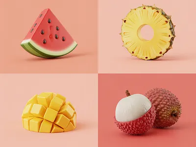 3D Fruit Showcase — Tropical Delight! 3d fruit render ai fruit aiart aiillustration commercial food visuals lychee 3d midjourneyart pastel food poster stylized fruit concept tropical fruit art watermelon illustration