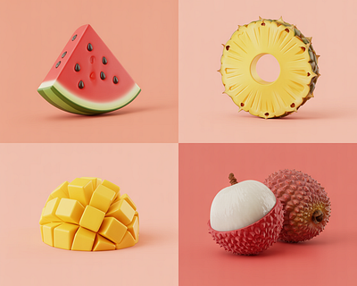 3D Fruit Showcase — Tropical Delight! 3d fruit render ai fruit aiart aiillustration commercial food visuals lychee 3d midjourneyart pastel food poster stylized fruit concept tropical fruit art watermelon illustration