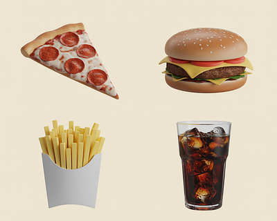 Fast Food Combo — 3D Render Pack 3d 3d fast food render ai food art aiart branding burger fries pizza coke clean food layout fast food illustrations illustration midjourneyart
