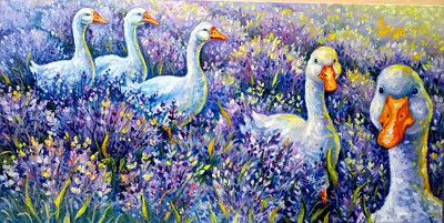 Original Oil Painting – Purple Field with Geese, Birds art birds flower geese hand painted handmade paint painting ukraine wall decor