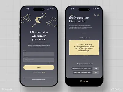 Astrology - mobile app ai app astro astrology birth card cards chat discover ios log in natal natal card quote sign up start ui ui design ux