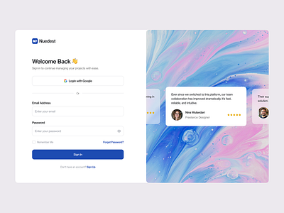 Nuedest - Clean Login Page with Testimonials clean clean design design figma login page minimal modern ui onboarding project management saas startup testimonial slider ui ui design user interface ux web app web design