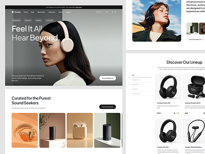 Sonixa – E-commerce Website Section for Audio Products audio branding clean design earphones ecommerce headphones interface landing page minimal minimalist online store product design shopping speakers ui ux web design website