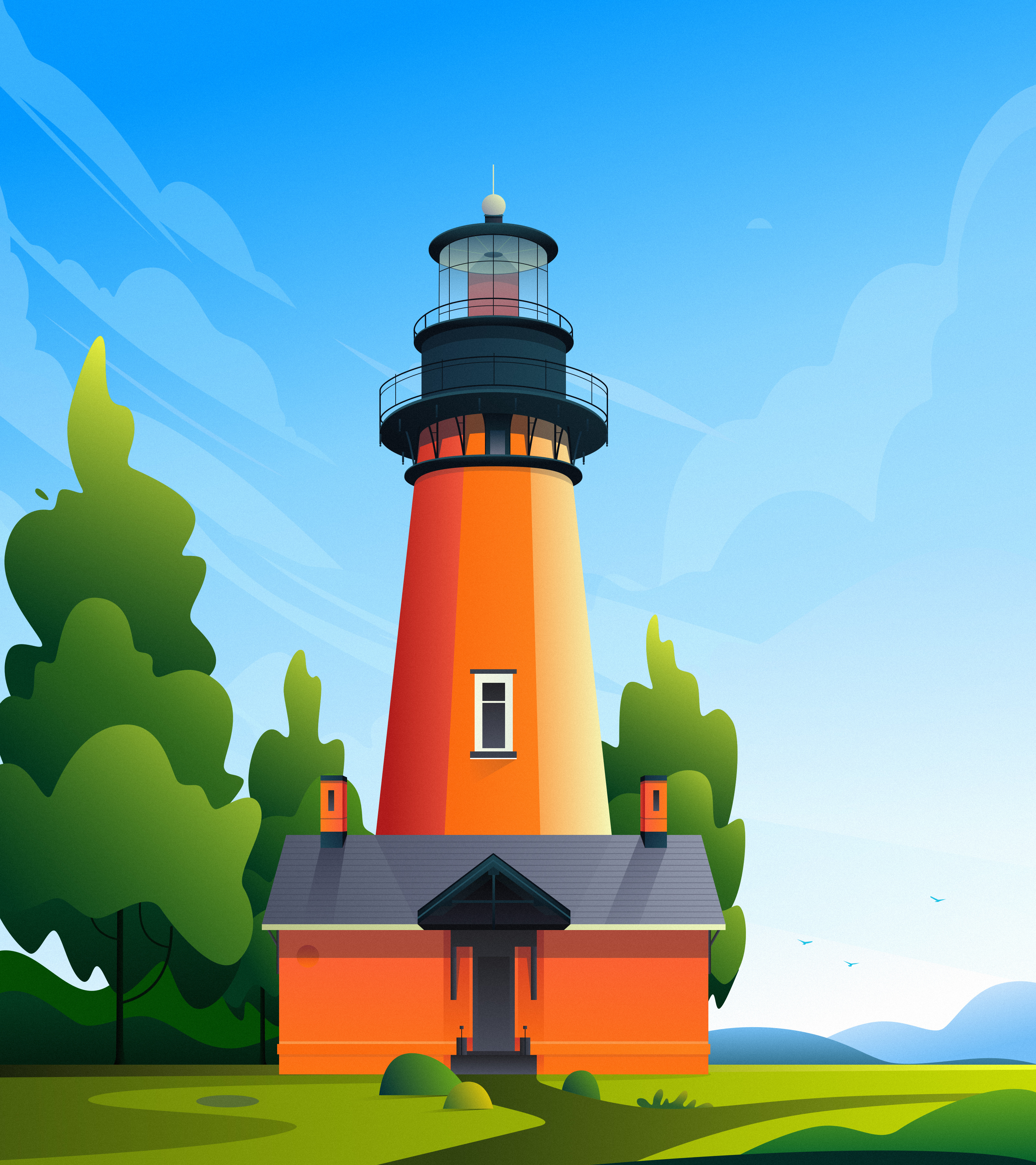 Light of Life architecture bird blue cloud design digital art digital illustration draw green illustration landscape lighthouse mountain natural landscape painting sky tree vector vector illustration yellow