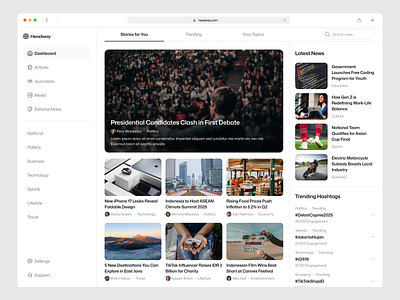 Headway - Modern News Dashboard UI Design articles clean dashboard design editorial magazine media minimalist modern news app startup ui ui design uiux user experience user interface ux web app website