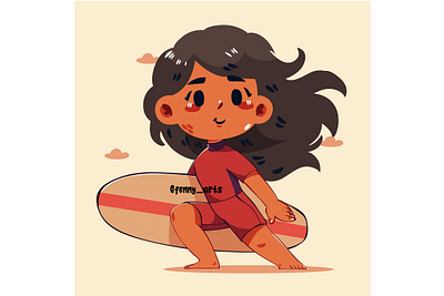 Cartoon Girl Happily Holding a Surfboard beach board character ferias ocean outdoor recreation relaxing sea seasons summer summertime surf surfboard surfer swimsuit vacation verano vibes waves
